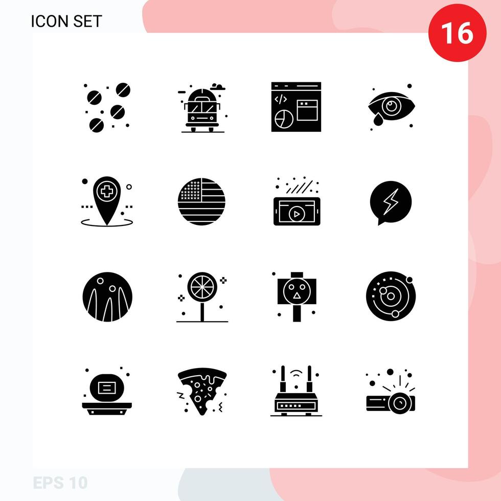 Modern Set of 16 Solid Glyphs Pictograph of local healthcare data ophthalmology eye care Editable Vector Design Elements