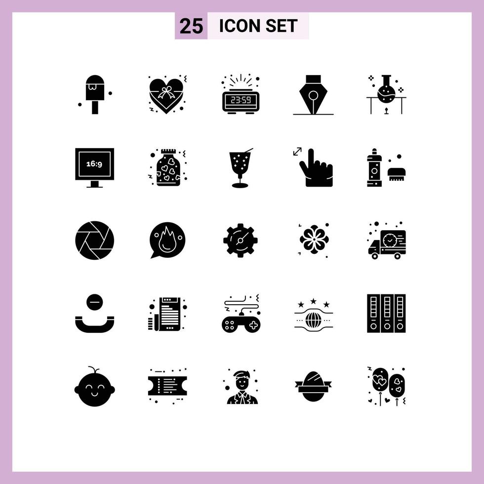 25 Thematic Vector Solid Glyphs and Editable Symbols of science laboratory clock tool ink Editable Vector Design Elements