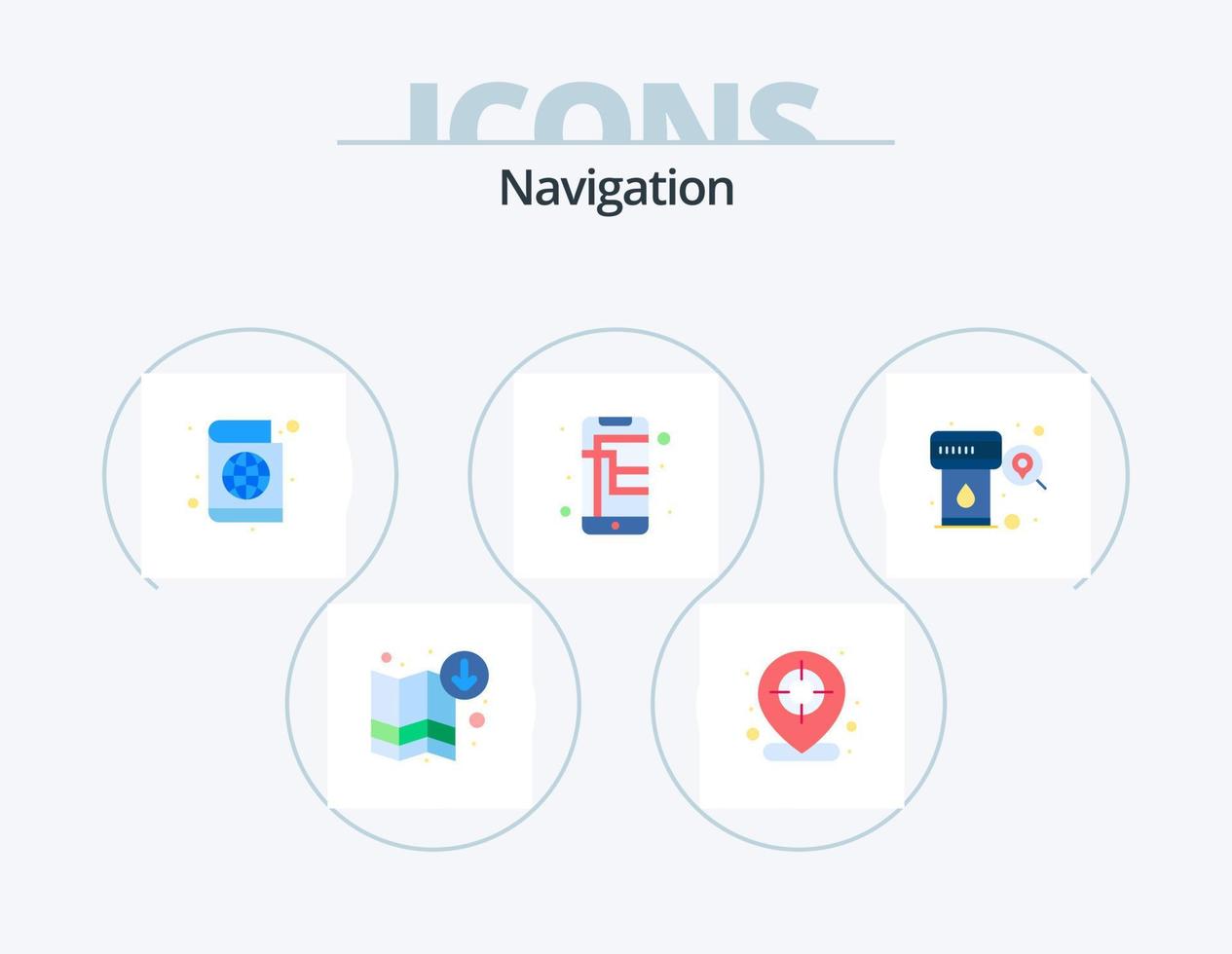 Navigation Flat Icon Pack 5 Icon Design. search. location. passport book. gas. phone vector