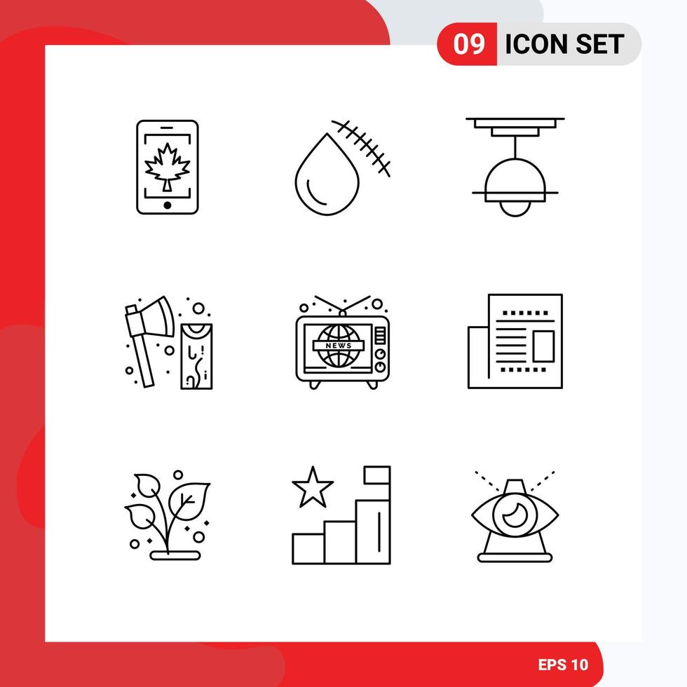 9 Universal Outlines Set for Web and Mobile Applications tool construction wound axe lamp Editable Vector Design Elements