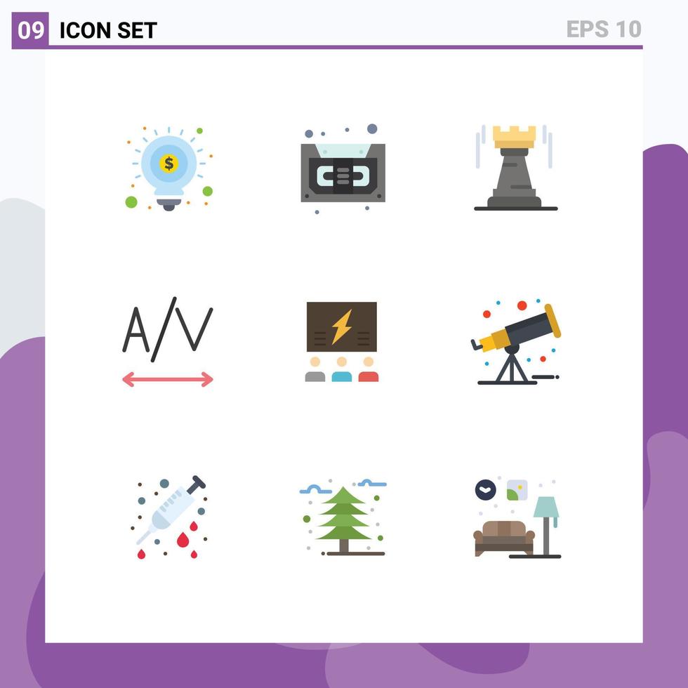 Pack of 9 Modern Flat Colors Signs and Symbols for Web Print Media such as idea brainstorming castle tracking fort Editable Vector Design Elements