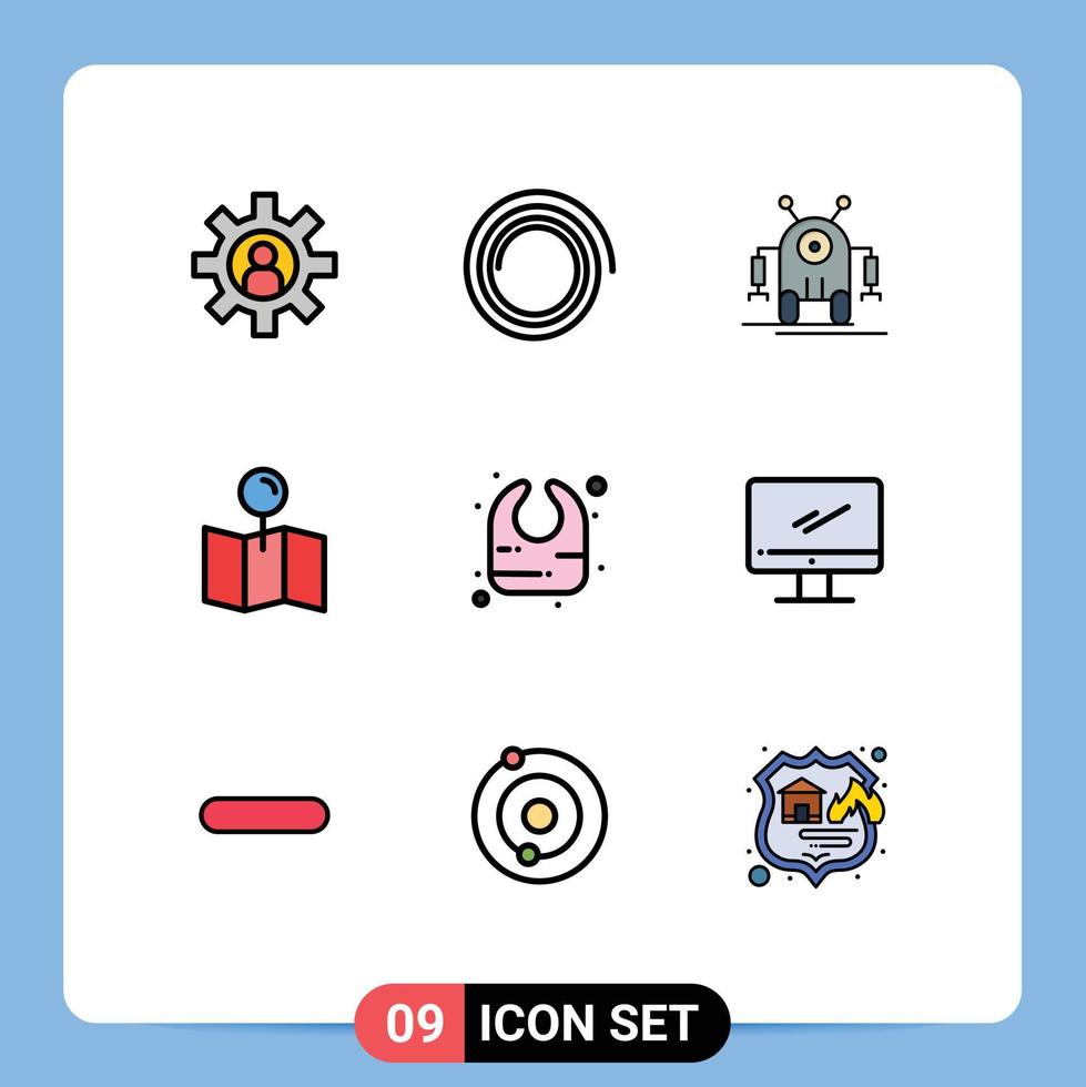 Mobile Interface Filledline Flat Color Set of 9 Pictograms of computer bib robot baby pointer Editable Vector Design Elements