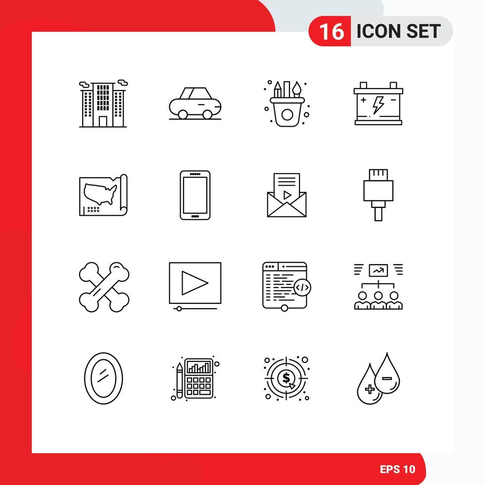 Mobile Interface Outline Set of 16 Pictograms of usa states paint map power Editable Vector Design Elements