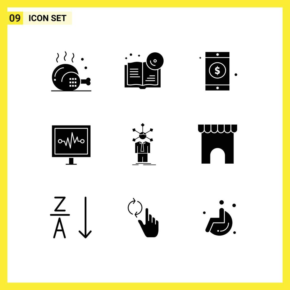 Set of 9 Commercial Solid Glyphs pack for human pulse line cd pulse heartbeat Editable Vector Design Elements