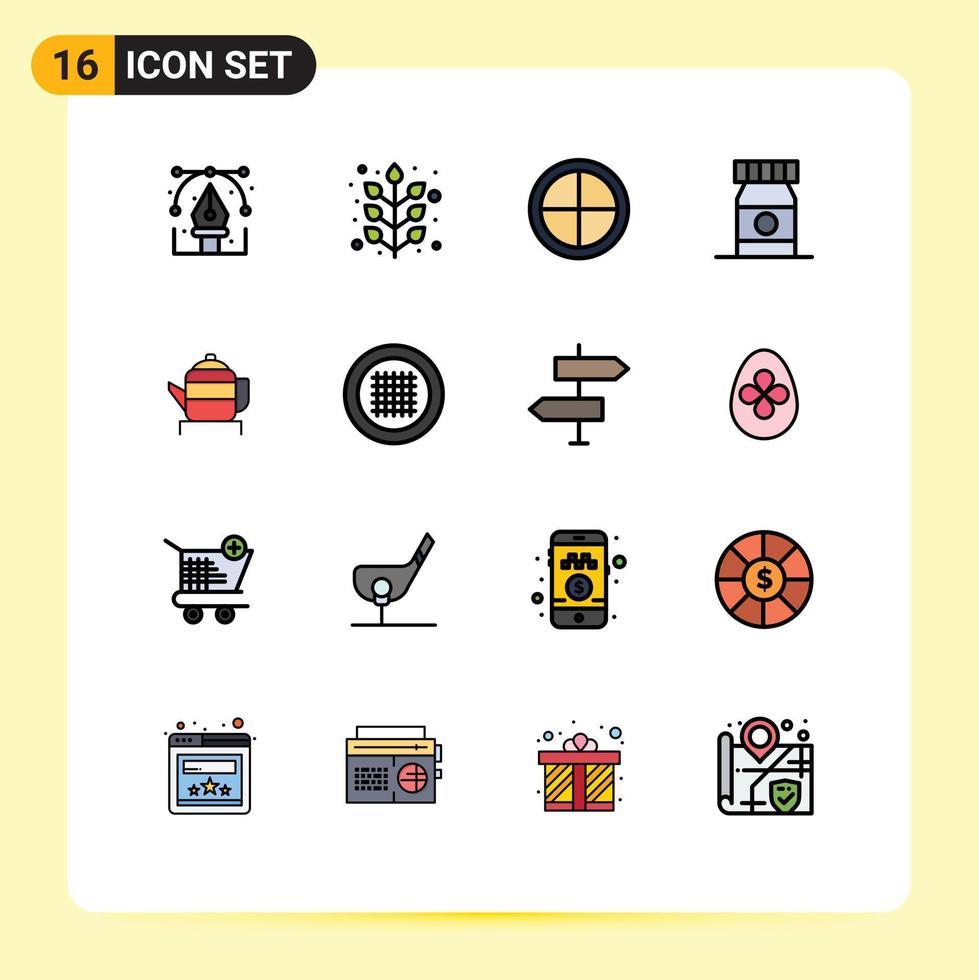 Pack of 16 Modern Flat Color Filled Lines Signs and Symbols for Web Print Media such as china tea plant medicine beach Editable Creative Vector Design Elements