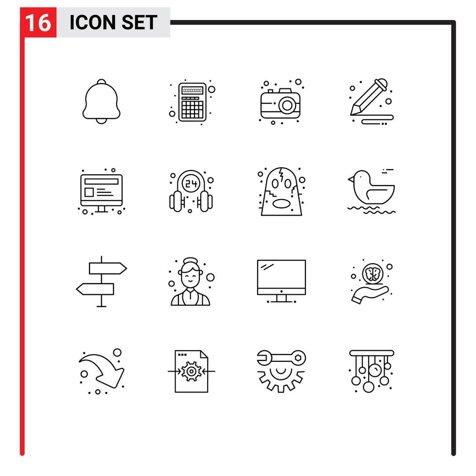 Mobile Interface Outline Set of 16 Pictograms of web computer camera pencil arts Editable Vector Design Elements