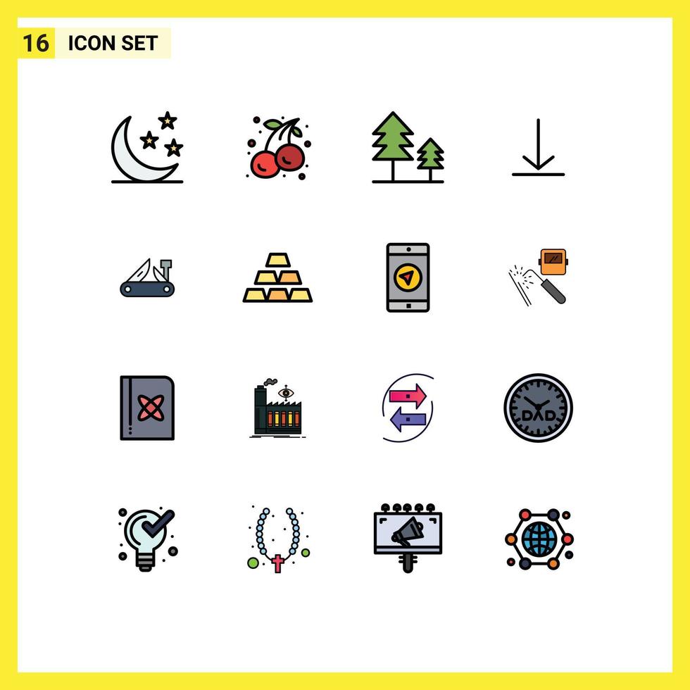 Universal Icon Symbols Group of 16 Modern Flat Color Filled Lines of pocket knife knife cypress army video Editable Creative Vector Design Elements