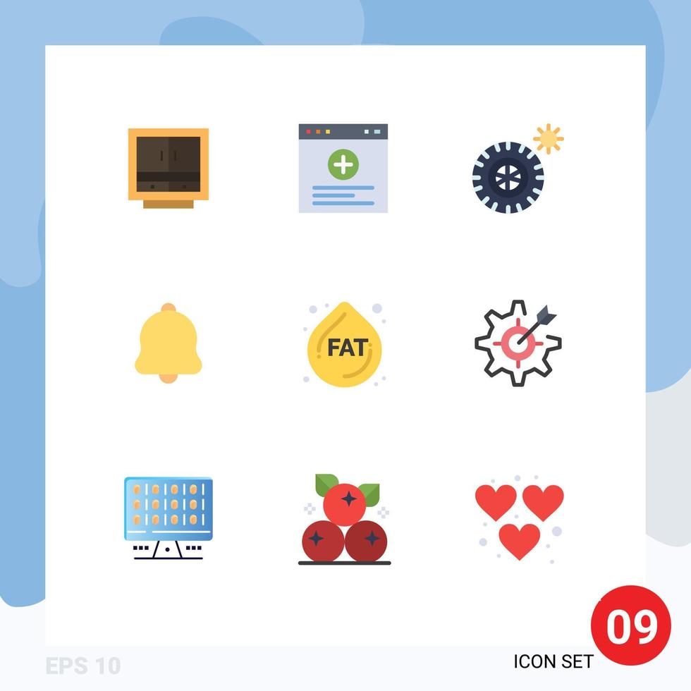 Modern Set of 9 Flat Colors Pictograph of fat notification internet bell wheel Editable Vector Design Elements