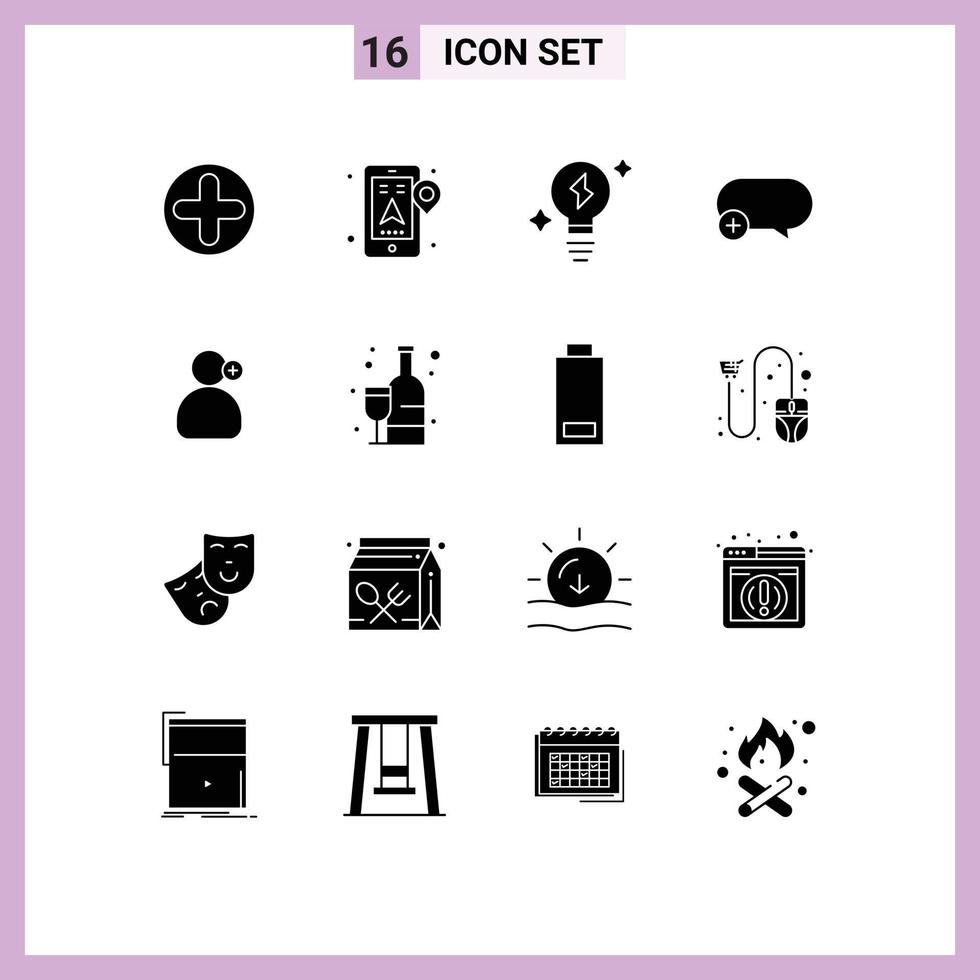 Set of 16 Vector Solid Glyphs on Grid for working man bulb add comment Editable Vector Design Elements