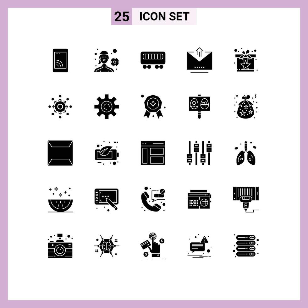 Solid Glyph Pack of 25 Universal Symbols of reward gift passenger upload letter Editable Vector Design Elements