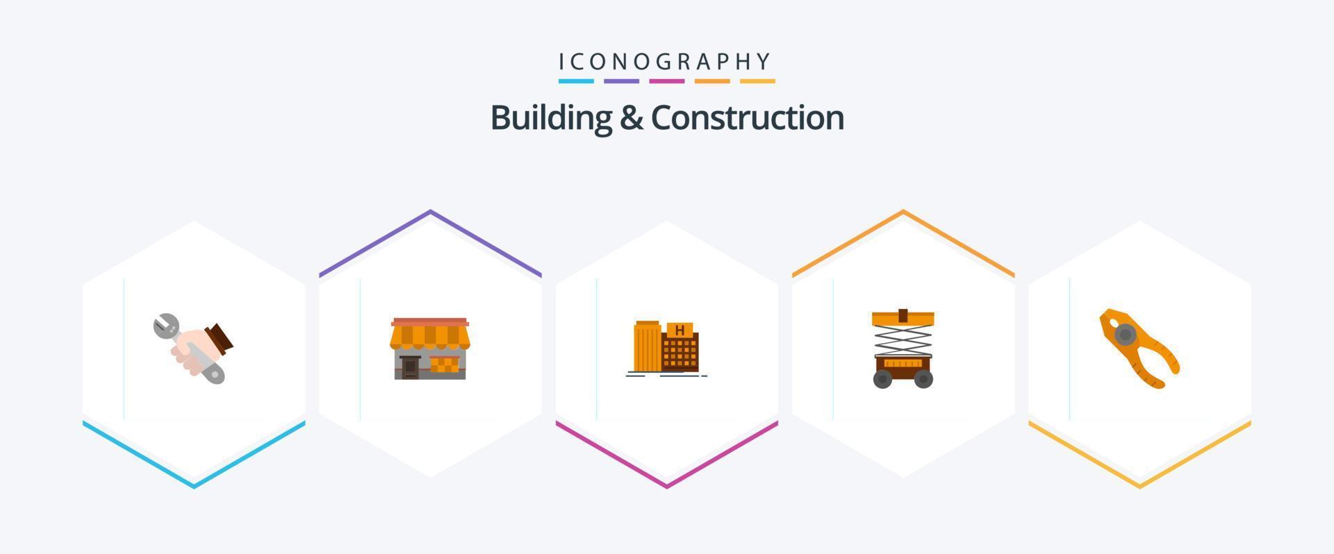 edificio y construcción 25 plano icono paquete incluso depósito. elevar. almacenar. clínica. médico vector