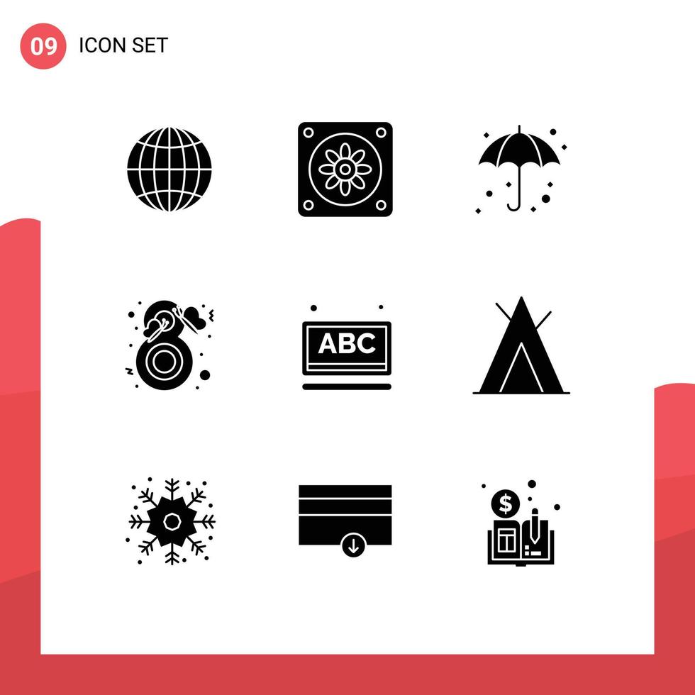 Editable Vector Line Pack of 9 Simple Solid Glyphs of school learning wet abc fashion Editable Vector Design Elements