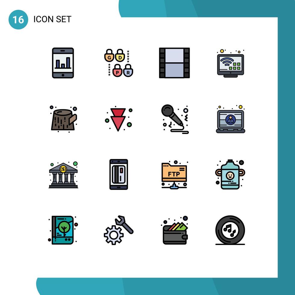 paquete de dieciséis moderno plano color lleno líneas señales y símbolos para web impresión medios de comunicación tal como abajo residuos vídeo maletero televisión editable creativo vector diseño elementos