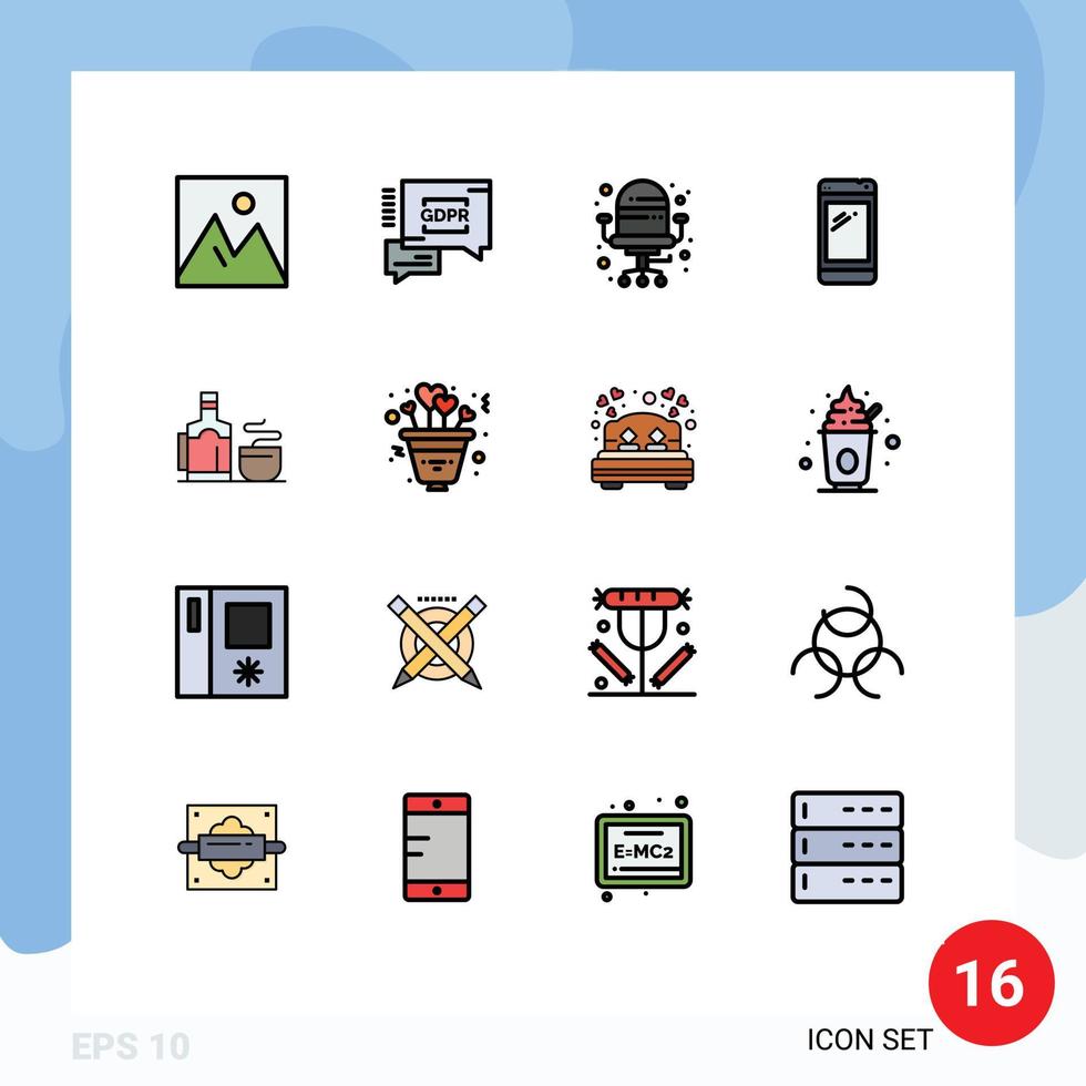 Flat Color Filled Line Pack of 16 Universal Symbols of cup power bank chair huawei smart phone Editable Creative Vector Design Elements