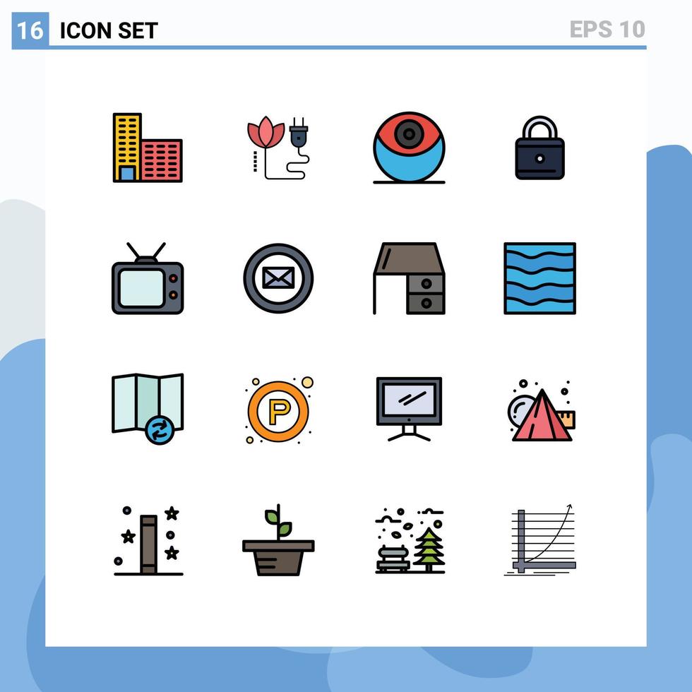 Pictogram Set of 16 Simple Flat Color Filled Lines of business watch planet tv security Editable Creative Vector Design Elements