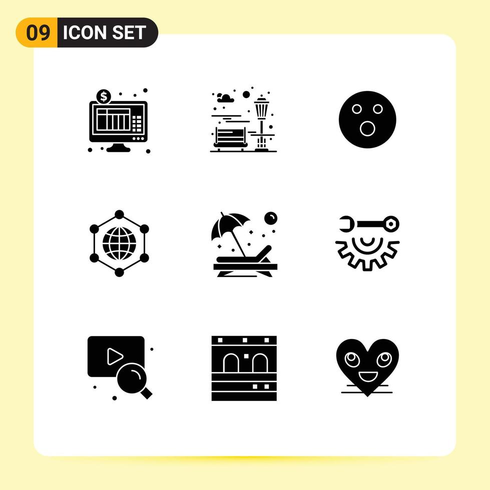 Set of 9 Commercial Solid Glyphs pack for person beach golfball internet global Editable Vector Design Elements