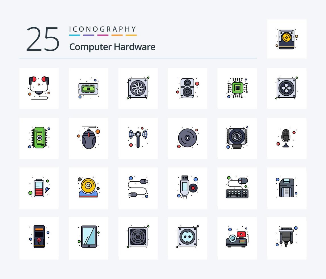 Computer Hardware 25 Line Filled icon pack including computer. speaker. casing. sound. computer vector