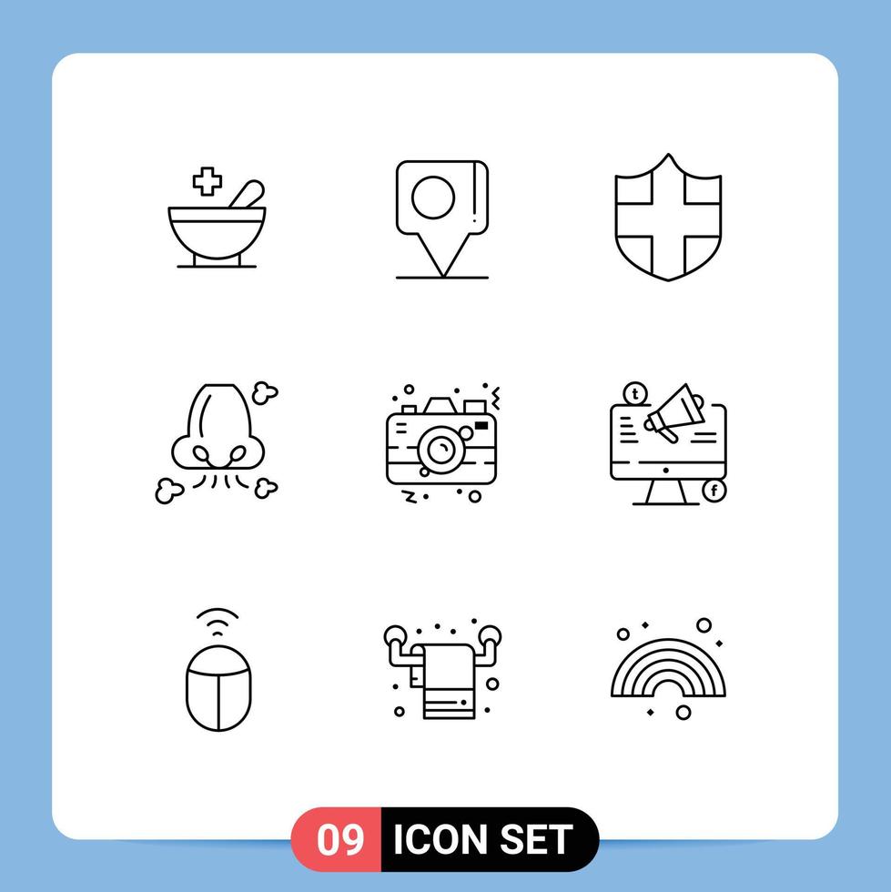 Outline Pack of 9 Universal Symbols of photo camera security pollution health Editable Vector Design Elements