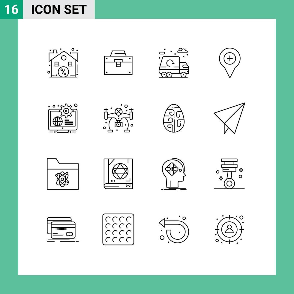 Pack of 16 creative Outlines of plus navigation toolkit map truck Editable Vector Design Elements