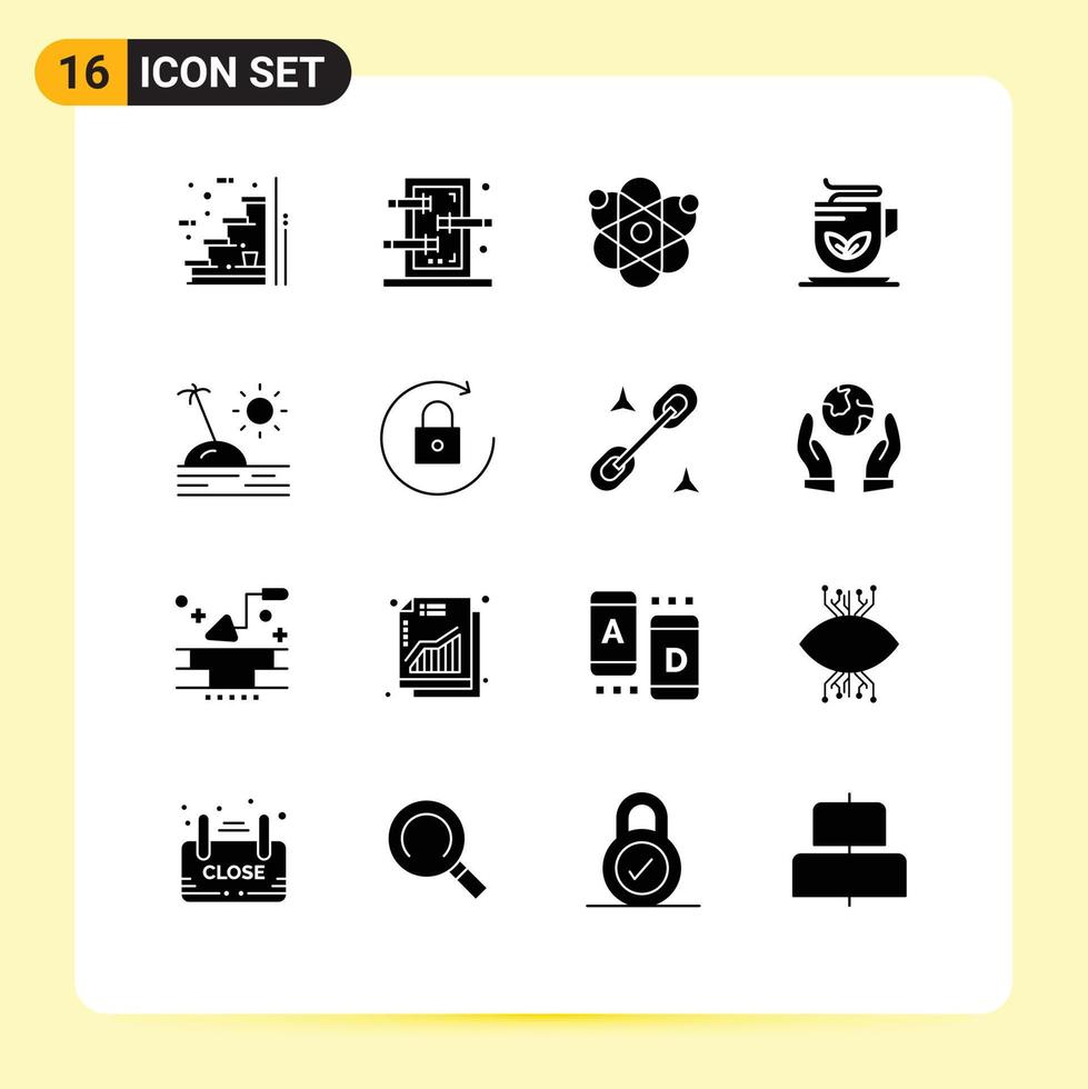 Solid Glyph Pack of 16 Universal Symbols of holiday tea show green science Editable Vector Design Elements