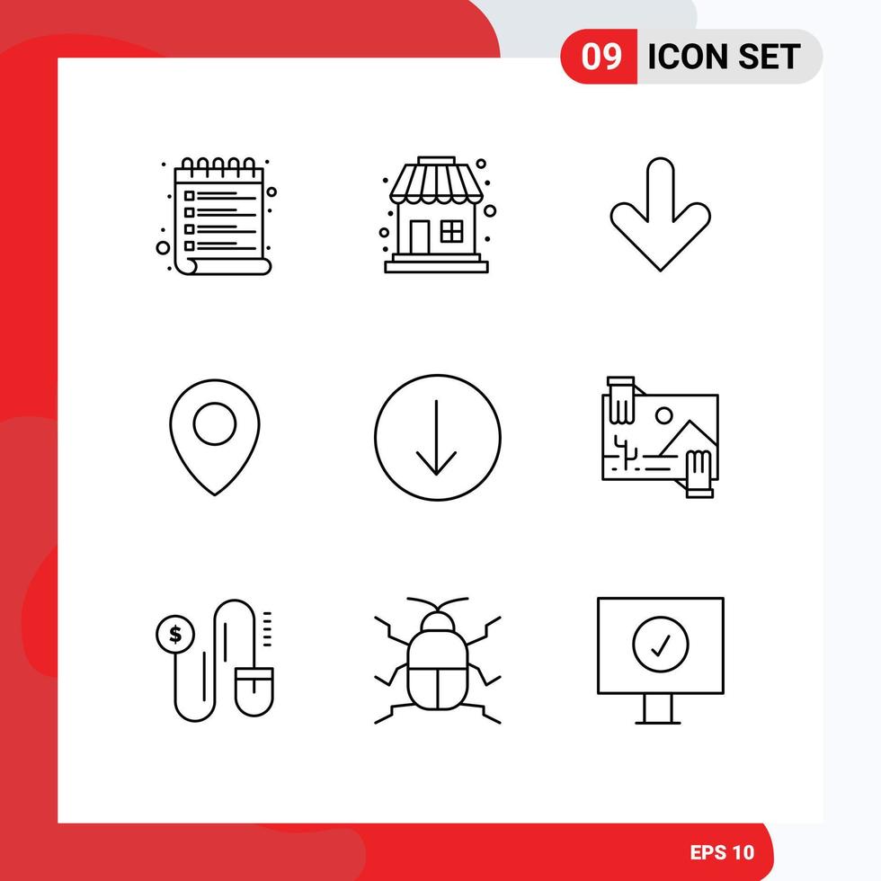 9 Universal Outline Signs Symbols of contibution symbol down arrow map Editable Vector Design Elements