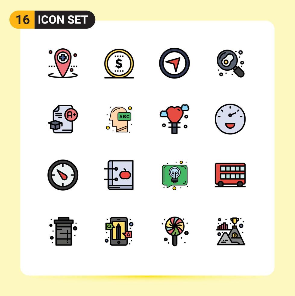 Modern Set of 16 Flat Color Filled Lines and symbols such as graduation cap maps document pan Editable Creative Vector Design Elements