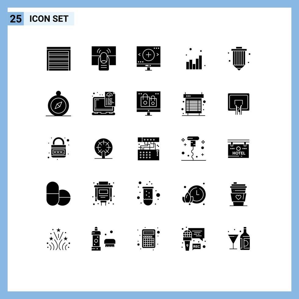 Pack of 25 Modern Solid Glyphs Signs and Symbols for Web Print Media such as web chart touch analytics magnifier Editable Vector Design Elements