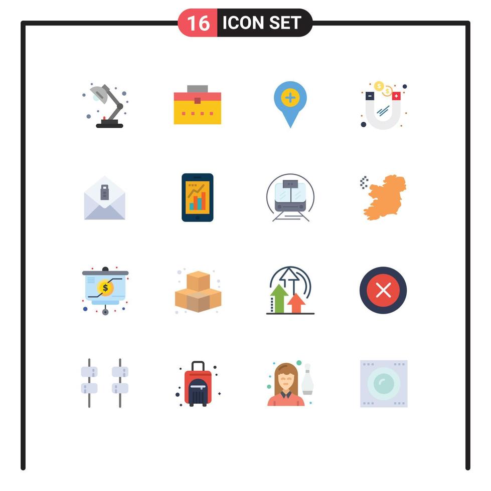 Modern Set of 16 Flat Colors Pictograph of mail money location investment plus Editable Pack of Creative Vector Design Elements