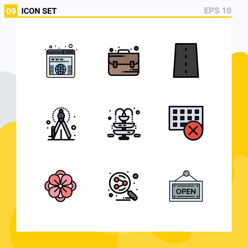 Modern Set of 9 Filledline Flat Colors Pictograph of park fountain infrastructure process precision Editable Vector Design Elements
