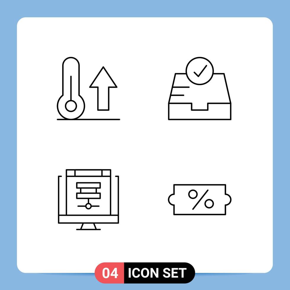 Mobile Interface Line Set of 4 Pictograms of climate data thermometer inbox online Editable Vector Design Elements