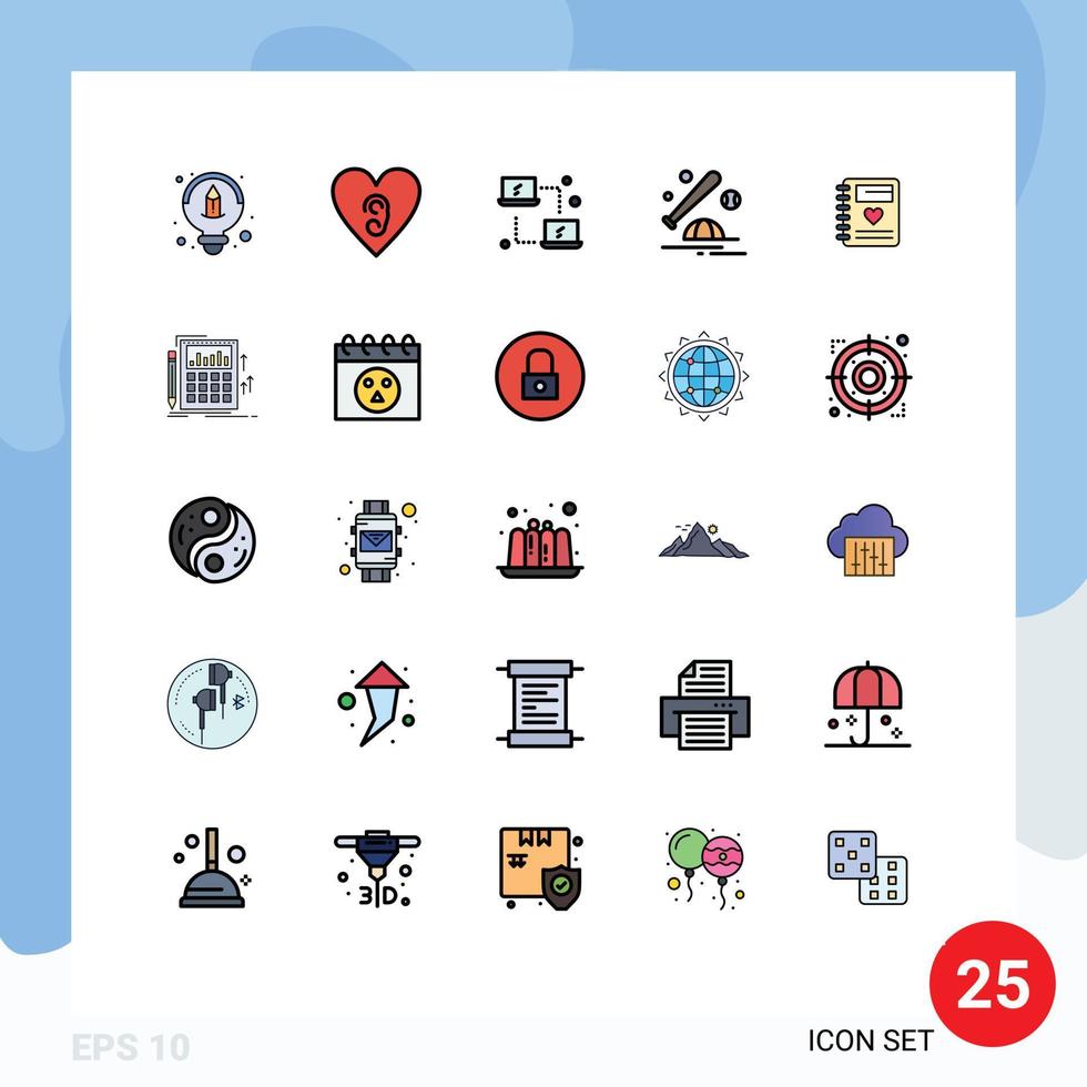 25 Universal Filled line Flat Color Signs Symbols of heart notebook networking sport bat Editable Vector Design Elements