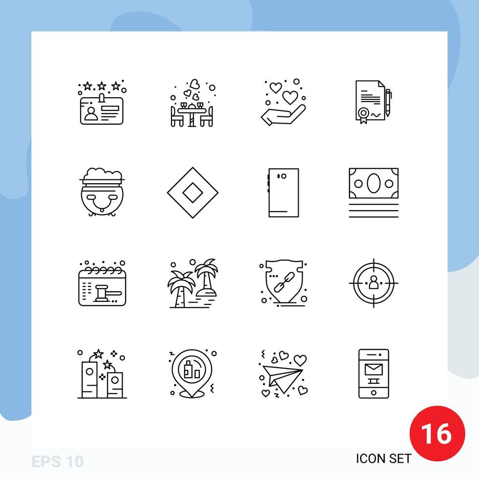 Outline Pack of 16 Universal Symbols of pot deal heart done agrement Editable Vector Design Elements