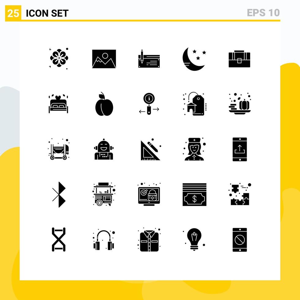 Solid Glyph Pack of 25 Universal Symbols of bag cloud account moon financial Editable Vector Design Elements