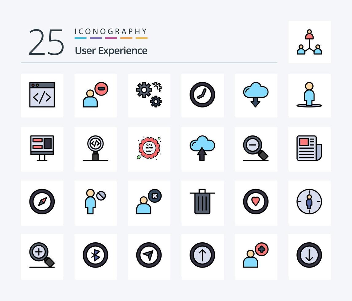 User Experience 25 Line Filled icon pack including download. arrow. gears. cloud. time vector