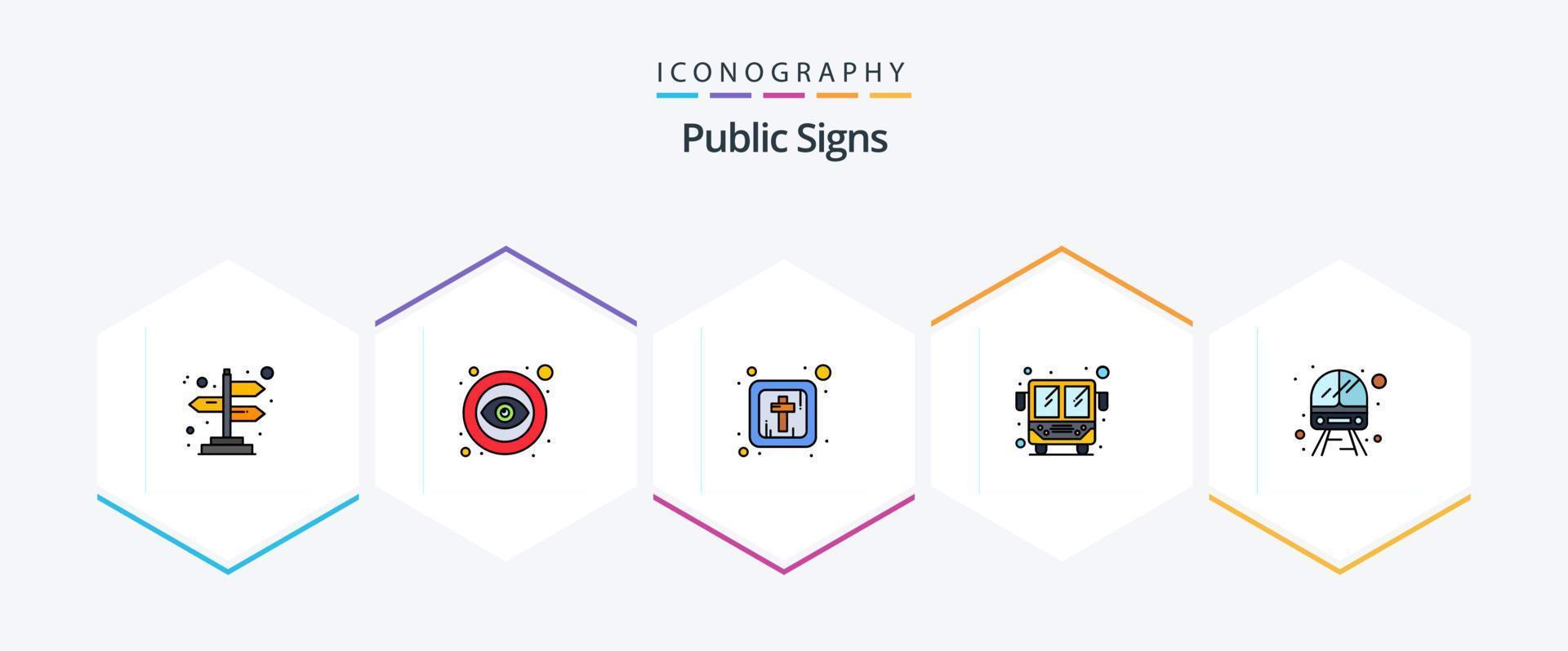 Public Signs 25 FilledLine icon pack including vehicle. service. cross. public. public transport vector