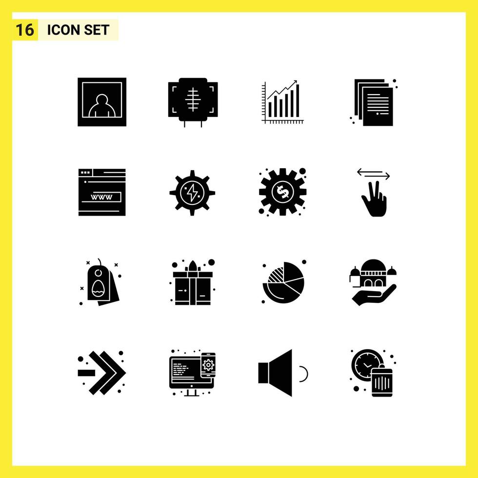 Set of 16 Commercial Solid Glyphs pack for paper doc analytics back to school statistics Editable Vector Design Elements