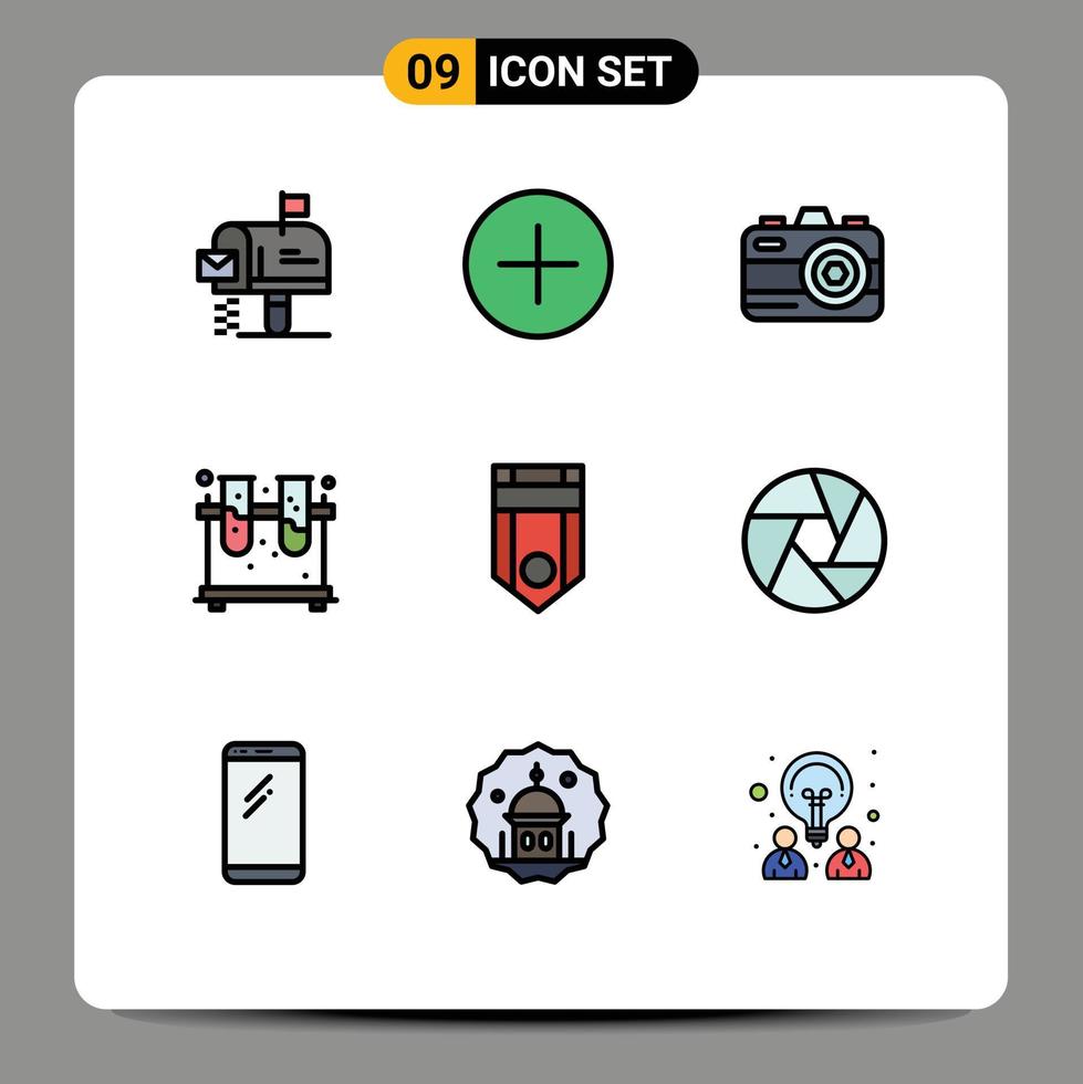 Pictogram Set of 9 Simple Filledline Flat Colors of one badge camera tubes experiment Editable Vector Design Elements