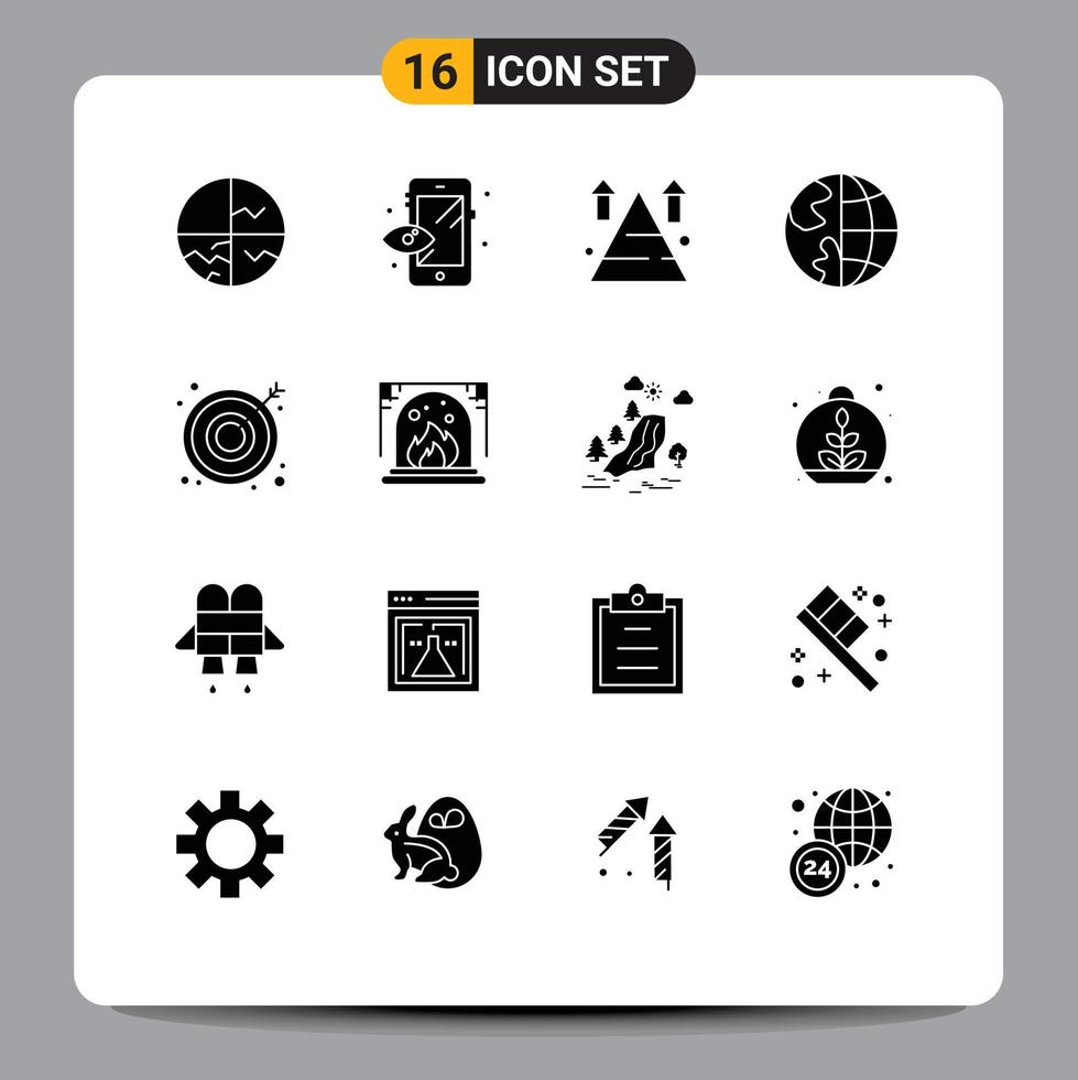 Group of 16 Solid Glyphs Signs and Symbols for globe contact us mountain contact top Editable Vector Design Elements