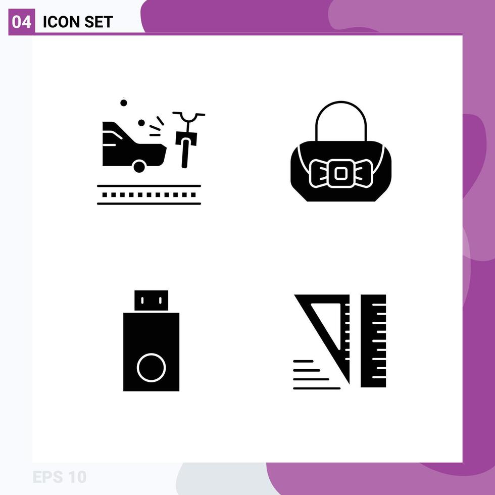 Solid Glyph Pack of 4 Universal Symbols of accident electronics crash purse technology Editable Vector Design Elements