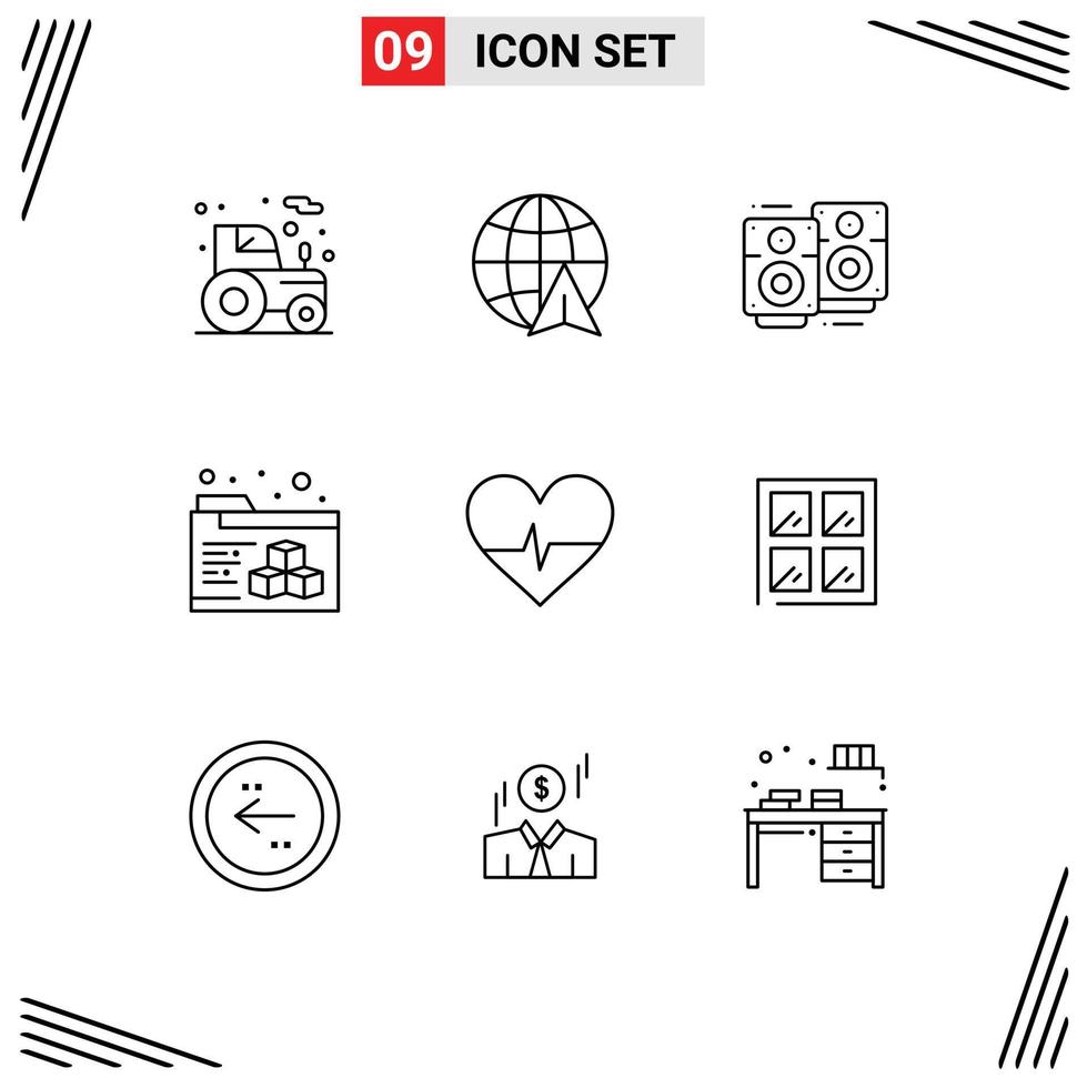 9 Universal Outlines Set for Web and Mobile Applications construction science love song heart folder Editable Vector Design Elements