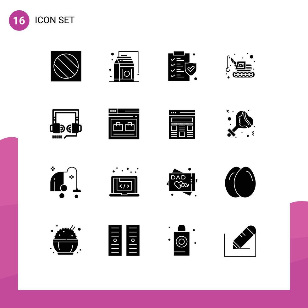 Modern Set of 16 Solid Glyphs Pictograph of web optimization document headphone machinery Editable Vector Design Elements