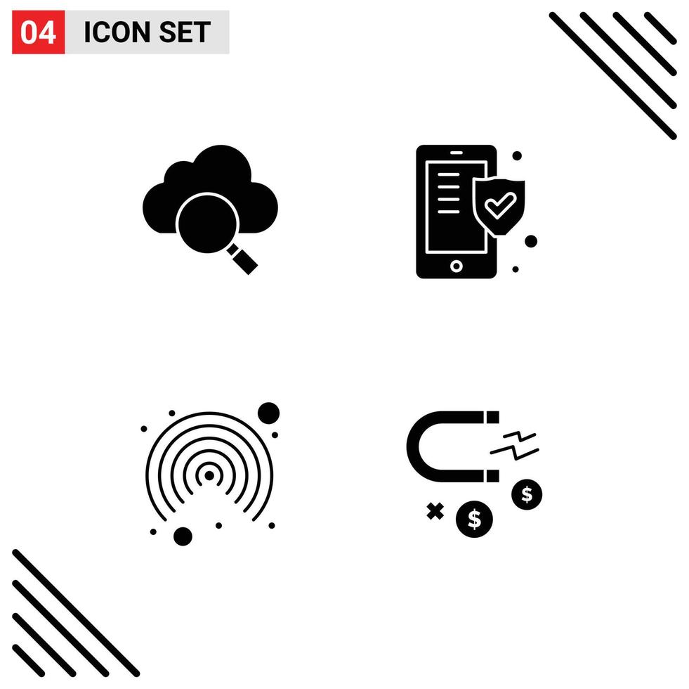 Modern Set of 4 Solid Glyphs Pictograph of cloud user phone shield business Editable Vector Design Elements