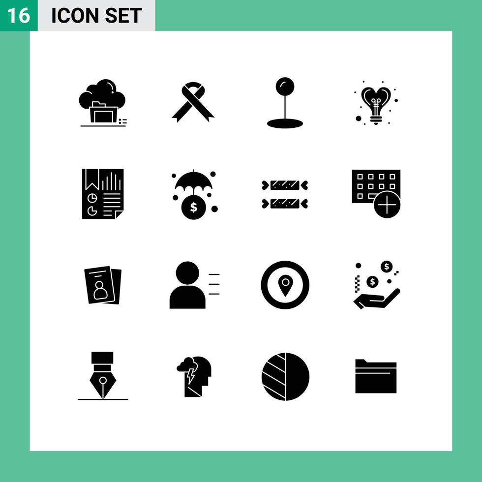16 Solid Glyph concept for Websites Mobile and Apps document bookmark medical heart idea Editable Vector Design Elements