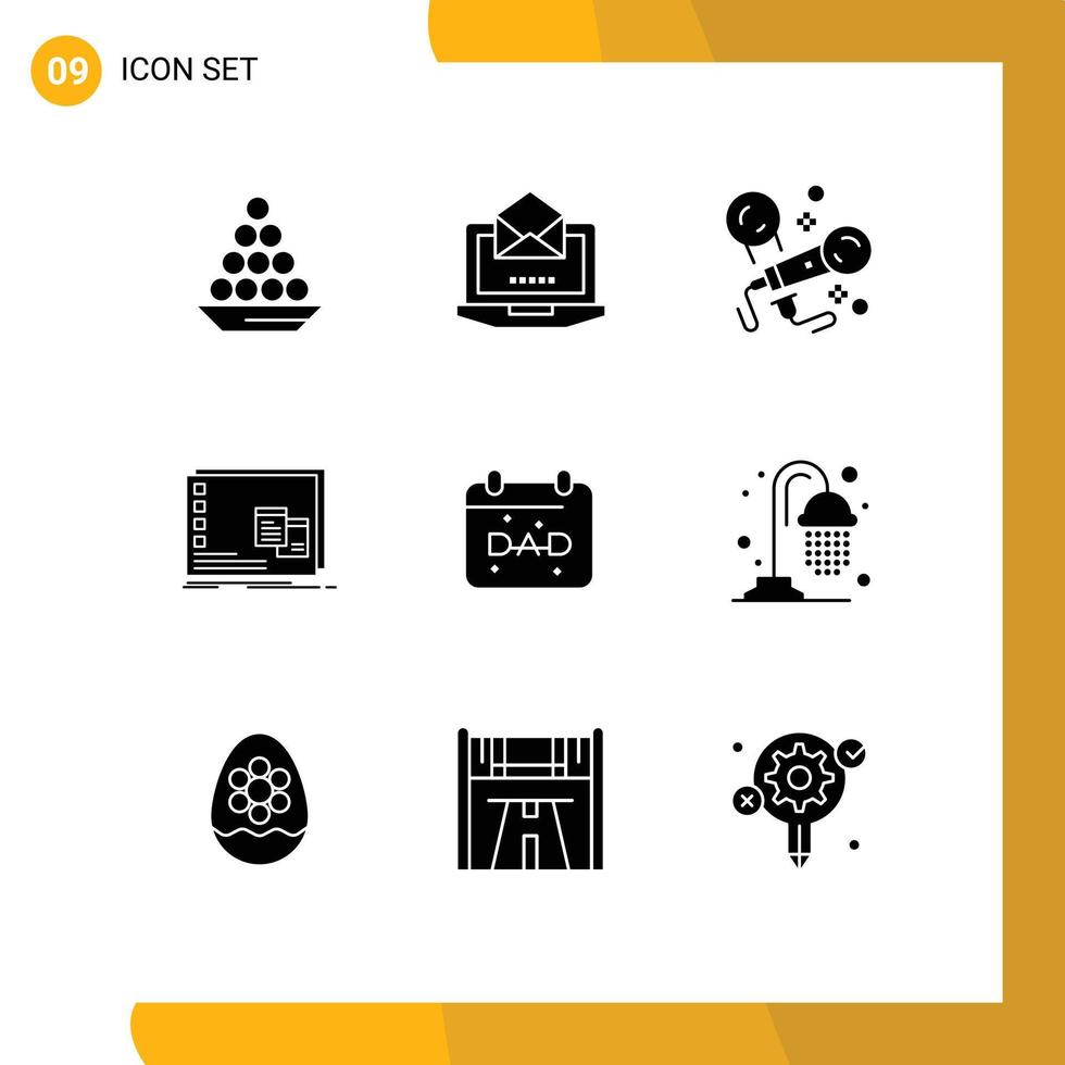Pack of 9 creative Solid Glyphs of operational window laptop singing microphone Editable Vector Design Elements