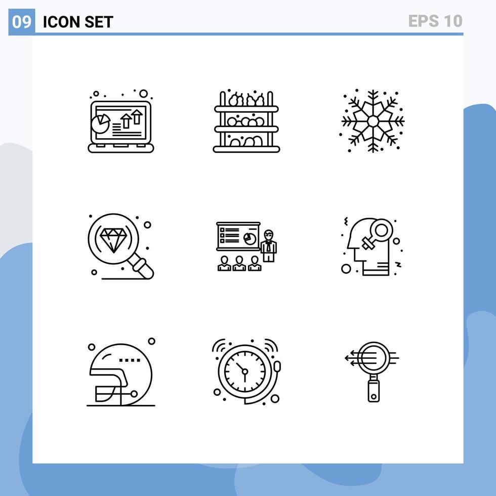 Universal Icon Symbols Group of 9 Modern Outlines of business presentation fruit research diamond Editable Vector Design Elements