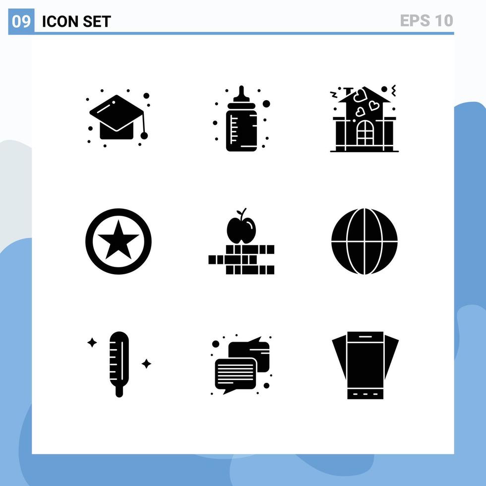 Set of 9 Vector Solid Glyphs on Grid for apple military rank family medal badge Editable Vector Design Elements