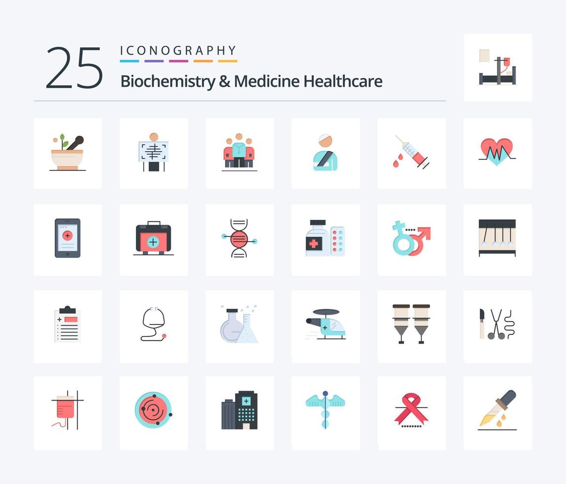 bioquímica y medicina cuidado de la salud 25 plano color icono paquete incluso droga. herido. usuario. hospital vector