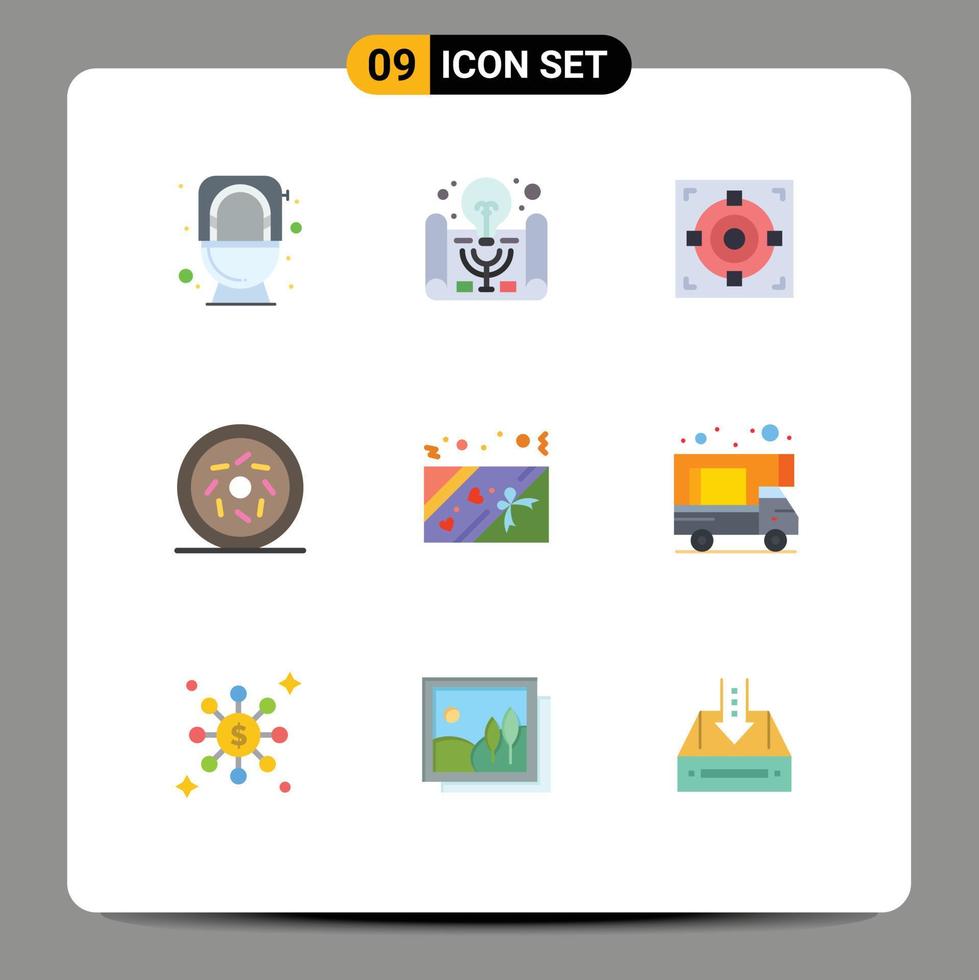 9 User Interface Flat Color Pack of modern Signs and Symbols of present box target sweet donut Editable Vector Design Elements