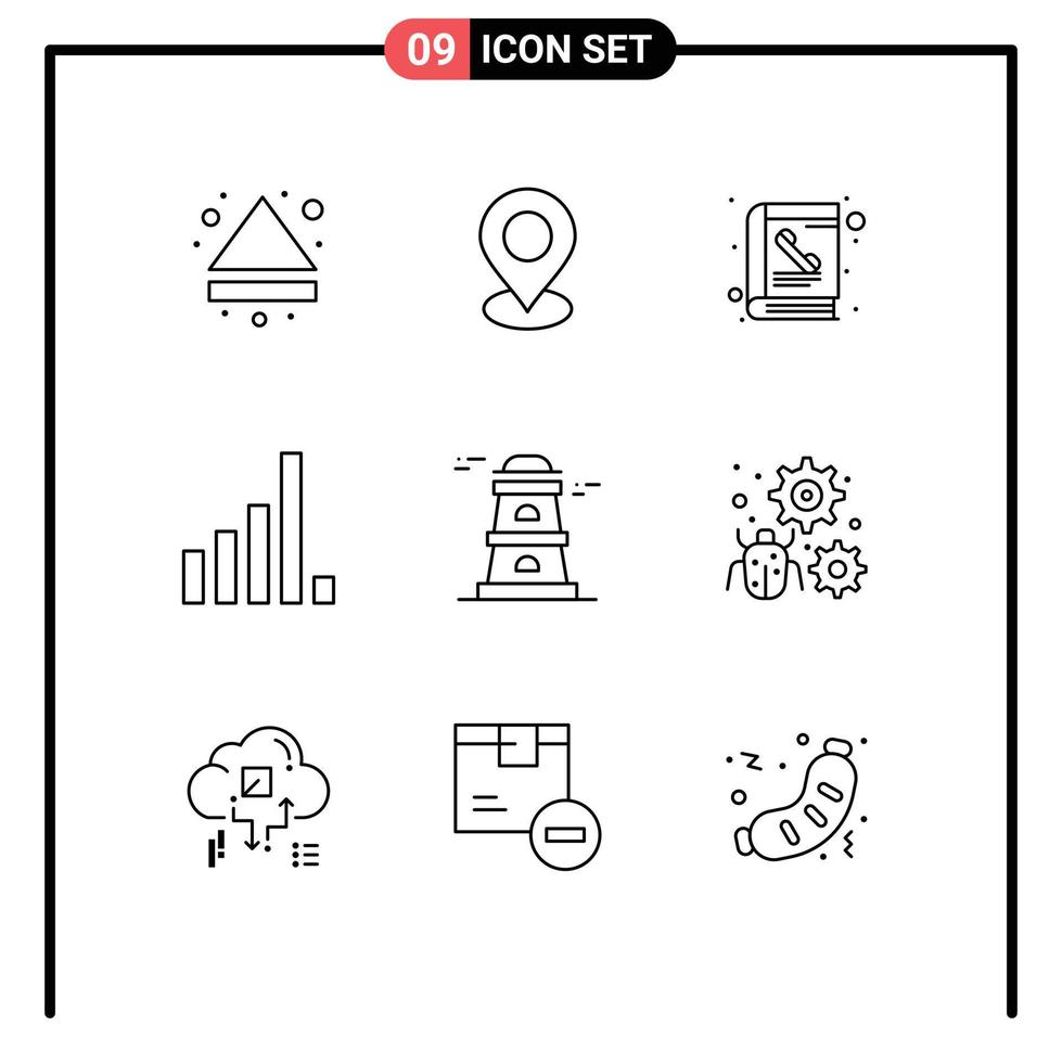 9 Creative Icons Modern Signs and Symbols of watchtower observatory book signal connection Editable Vector Design Elements