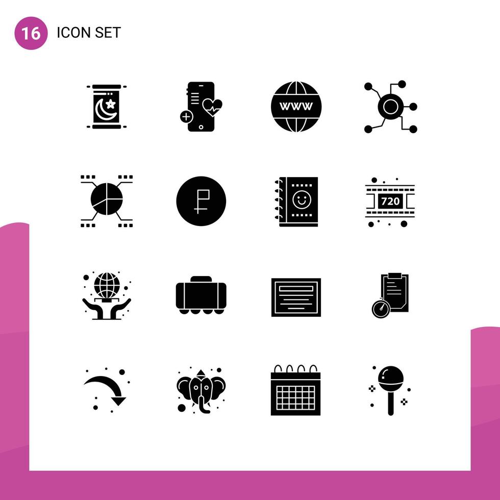 16 Thematic Vector Solid Glyphs and Editable Symbols of graphical connect online circle network Editable Vector Design Elements